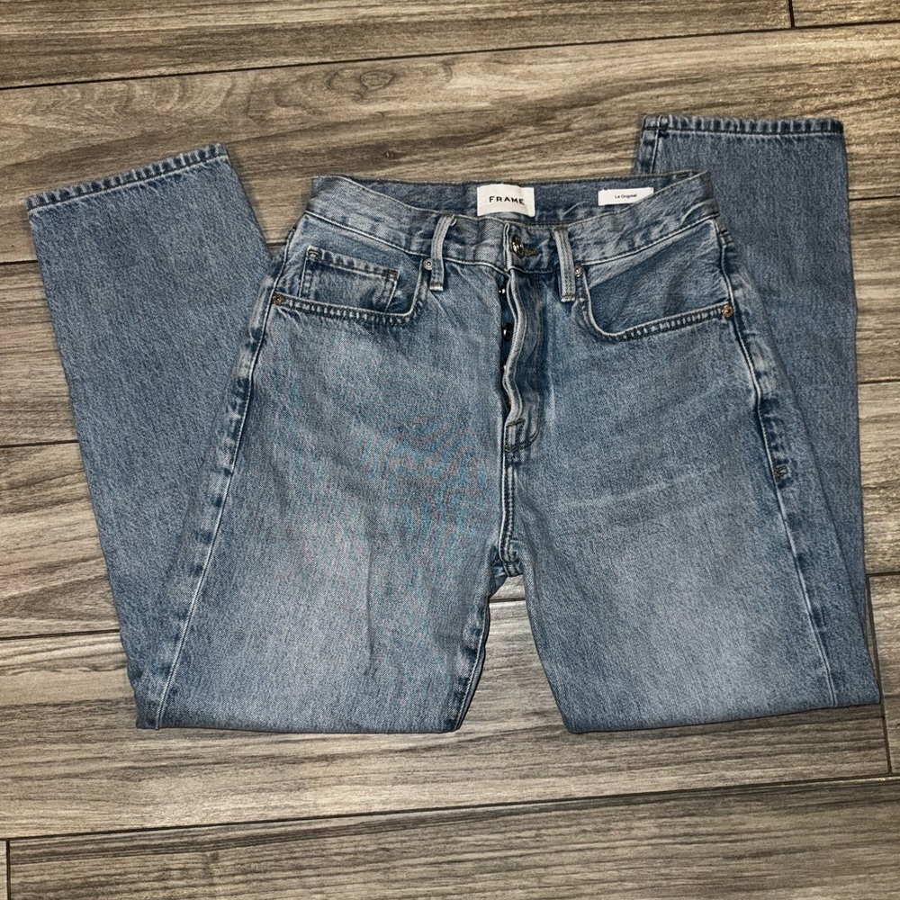 FRAME Straight Jeans Blue Medium Wash 100% Cotton Denim Button Women's